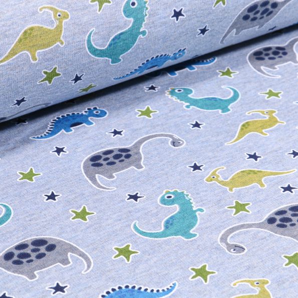 Tissu Sweat envers minky Dinosaures multicolores sur fond Bleu chiné - Par 10 cm