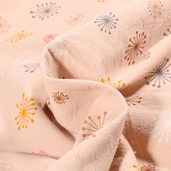 Tissu Coton Lavé Pissenlits multicolores sur fond Beige - Par 10 cm