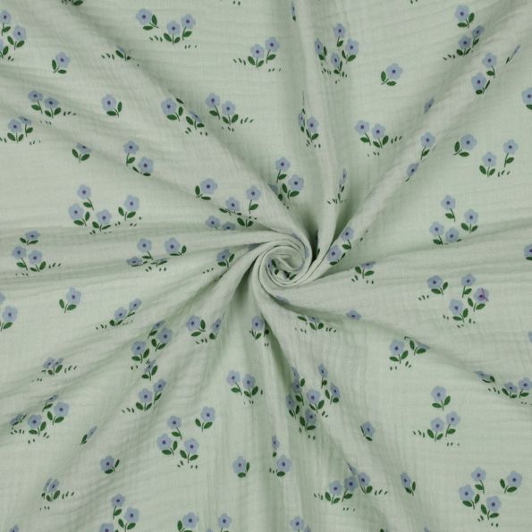 Tissu Double gaze de Coton petites fleurs sur fond Vert amande - Par 10 cm