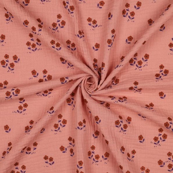 Tissu Double gaze de Coton petites fleurs sur fond Pêche - Par 10 cm
