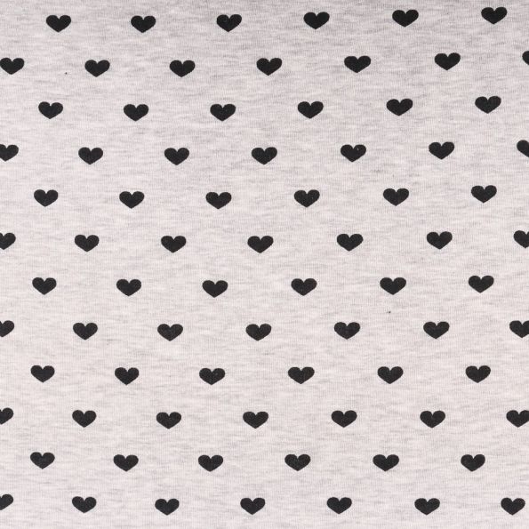 Tissu Sweat Coeurs Noirs sur fond Gris clair chiné - Par 10 cm
