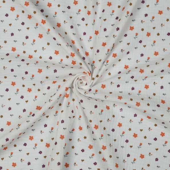 Tissu Double gaze de Coton digital petites fleurs Oranges sur fond Ecru - Par 10 cm