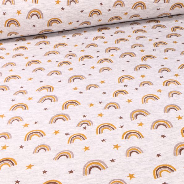 Tissu Sweat envers minky Arc en ciel sur fond Gris chiné - Par 10 cm