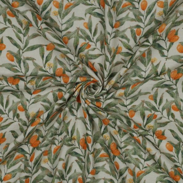 Tissu Double gaze de Coton digital branches d'olivier sur fond Ecru - Par 10 cm