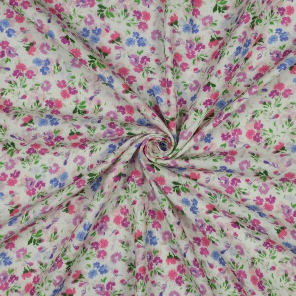 Tissu Double gaze de Coton digital petites fleurs Rose, Lilas & Bleu sur fond Ecru - Par 10 cm