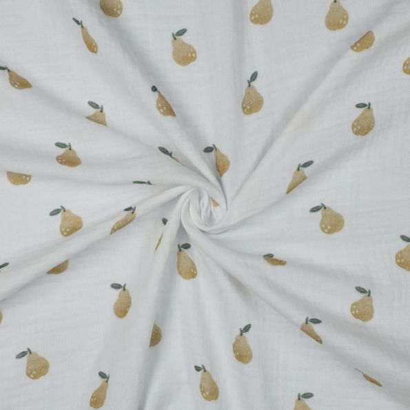 Tissu Double gaze de Coton digital petites Poires sur fond Blanc - Par 10 cm