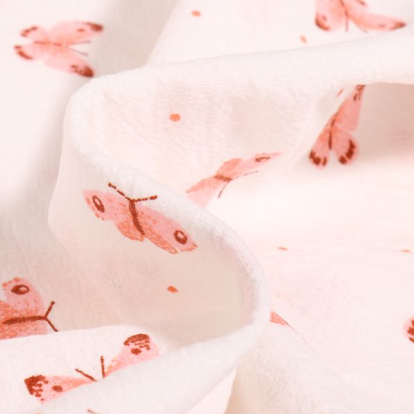 Tissu Coton lavé Papillons colorés sur fond Blanc - Par 10 cm