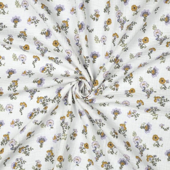 Tissu Double gaze de Coton Bio digital petites fleurs Lilas sur fond Blanc - Par 10 cm