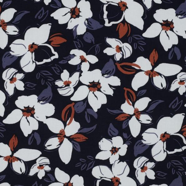 Tissu Viscose imprimé Alma sur fond Bleu marine - Par 10 cm