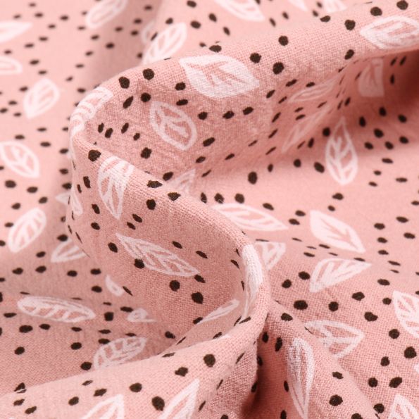 Tissu Coton lavé Feuilles et pois sur fond Rose - Par 10 cm