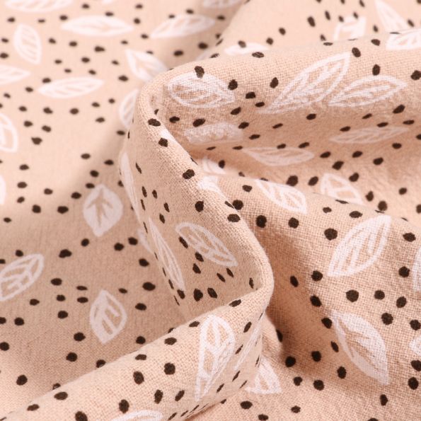 Tissu Coton lavé Feuilles et pois sur fond Beige - Par 10 cm