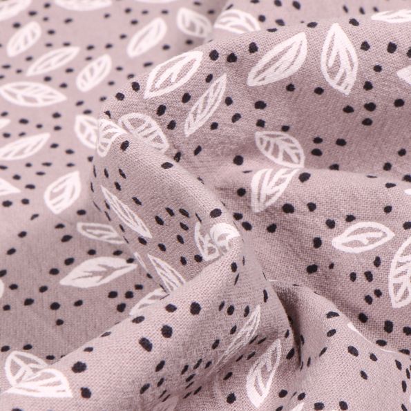 Tissu Coton lavé Feuilles et pois sur fond Gris - Par 10 cm