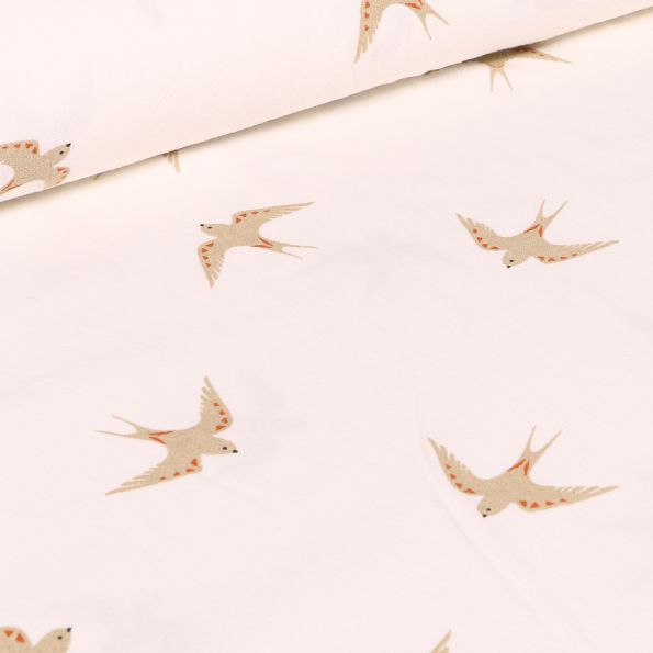 Tissu Coton lavé Hirondelles sur fond Blanc cassé - Par 10 cm
