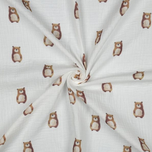 Tissu Double gaze de Coton Bio digital petits Oursons Bruns sur fond Blanc - Par 10 cm