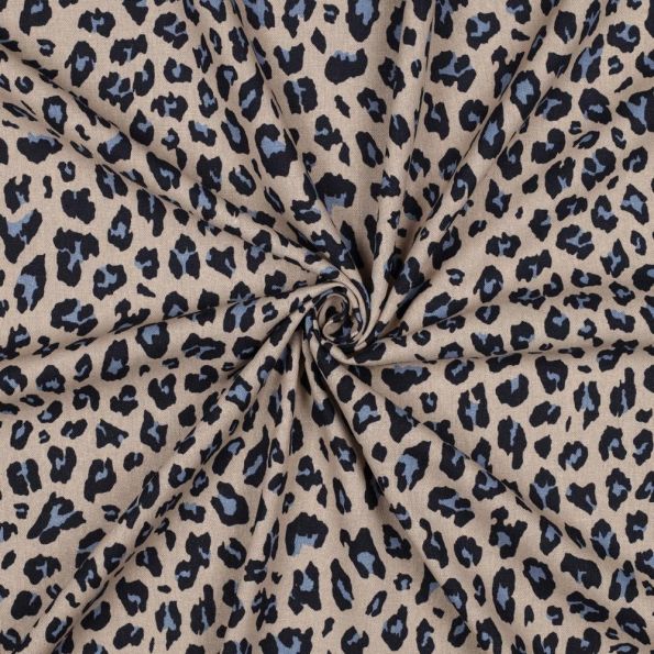 Tissu Viscose Lin imprimé Léopard Noir et Bleu nuit sur fond Beige - Par 10 cm