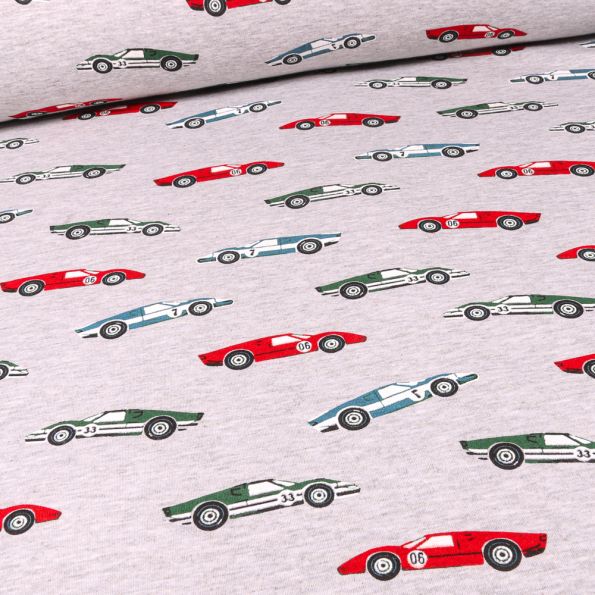 Tissu Sweat envers minky Voitures de collection sur fond Gris chiné - Par 10 cm