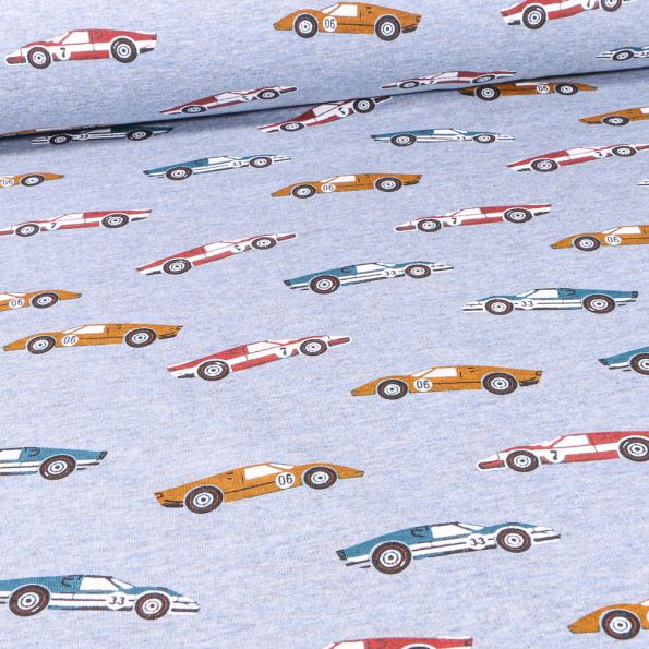 Tissu Sweat envers minky Voitures de collection sur fond Bleu chiné - Par 10 cm