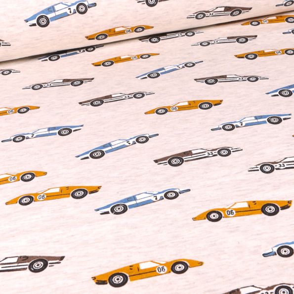 Tissu Sweat envers minky Voitures de collection sur fond Beige chiné - Par 10 cm