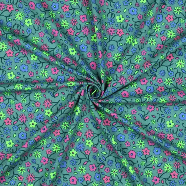 Tissu Jersey Coton imprimé Petites fleurs multicolores sur fond Vert - Par 10 cm