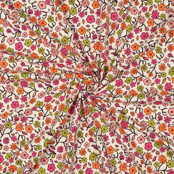 Tissu Jersey Coton imprimé Petites fleurs multicolores sur fond Ecru - Par 10 cm