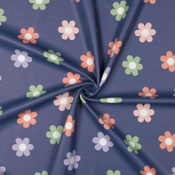 Tissu Softshell imprimé Petites fleurs sur fond Bleu ardoise - Par 10 cm