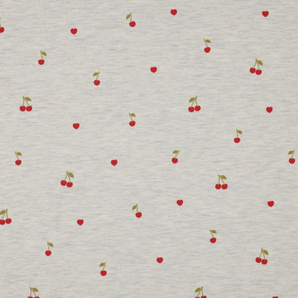 Tissu Jersey Polycoton Cherry baby sur fond Gris chiné - Par 10 cm