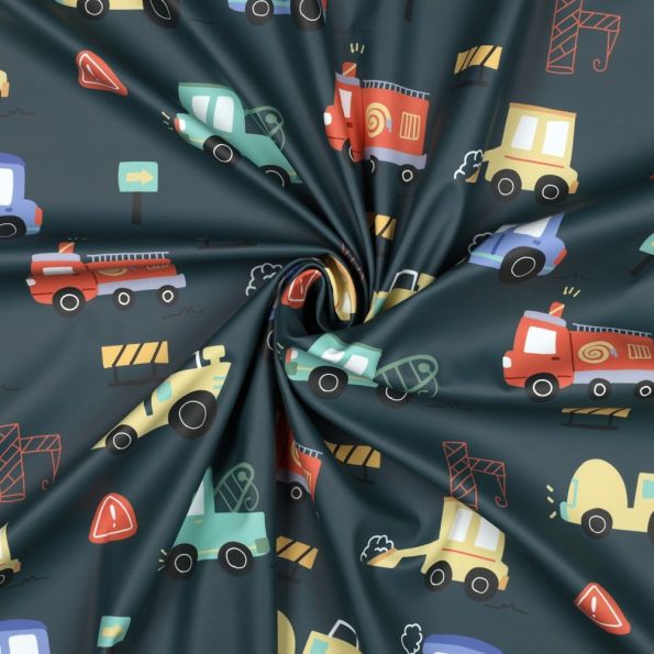 Tissu Softshell imprimé véhicules pompier et chantier sur fond Gris anthracite - Par 10 cm
