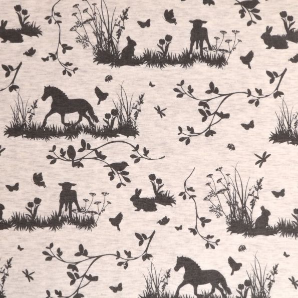 Tissu Sweat Animaux de la campagne Gris anthracite sur fond Ecru chiné - Par 10 cm