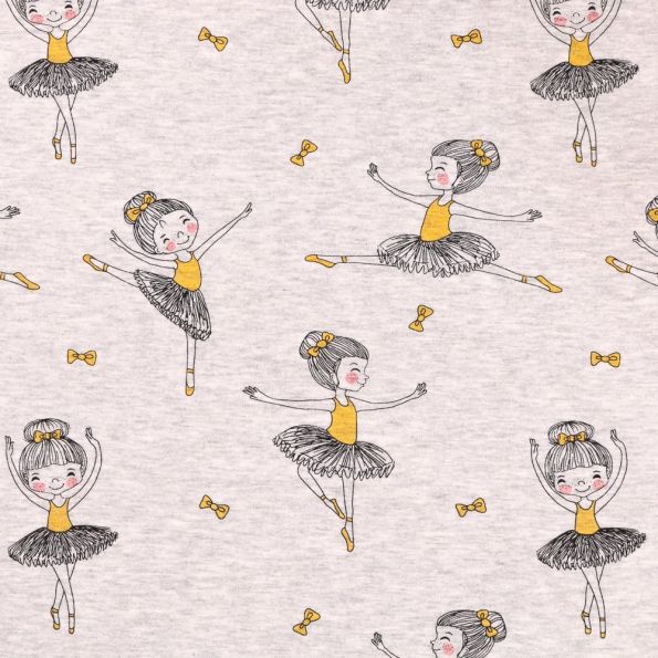 Tissu Sweat Petites Ballerines Jaunes sur fond Gris chiné - Par 10 cm