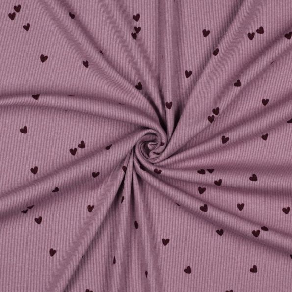 Tissu Jersey Coton côtelé petits coeurs Bordeaux sur fond Mauve - Par 10 cm
