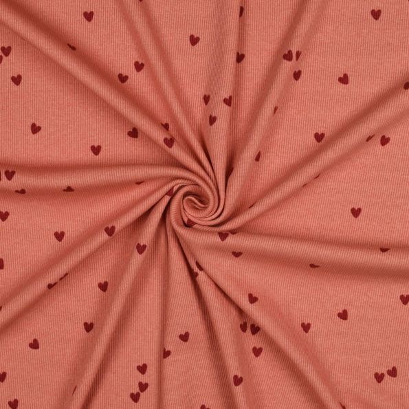 Tissu Jersey Coton côtelé petits coeurs Bordeaux sur fond Terracotta - Par 10 cm