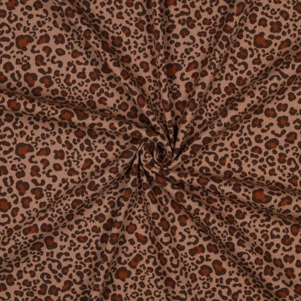 Tissu Jersey Coton côtelé Léopard Noir & Bordeaux sur fond Rose nude - Par 10 cm