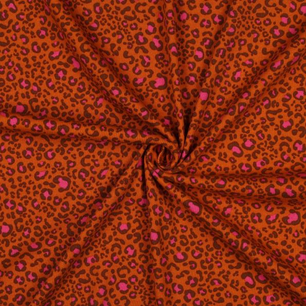 Tissu Jersey Coton côtelé Léopard Chocolat & Rose pop sur fond Rouille - Par 10 cm