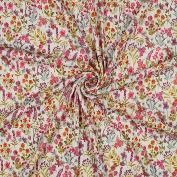 Tissu Jersey Coton côtelé digital jardin champêtre sur fond Ecru - Par 10 cm