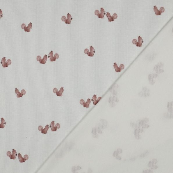 Tissu Jersey Coton côtelé digital Écureuil Rose poudré sur fond Ecru - Par 10 cm