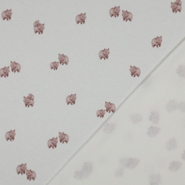 Tissu Jersey Coton côtelé digital Oursons Rose poudré sur fond Ecru - Par 10 cm