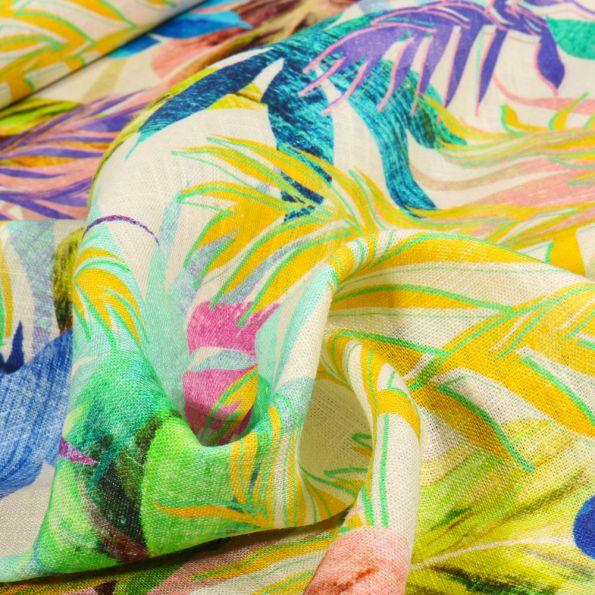 Tissu Viscose Lin Tropica sur fond Ecru - Par 10 cm