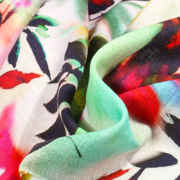 Tissu Viscose Lin Jardin sauvage sur fond Ecru - Par 10 cm