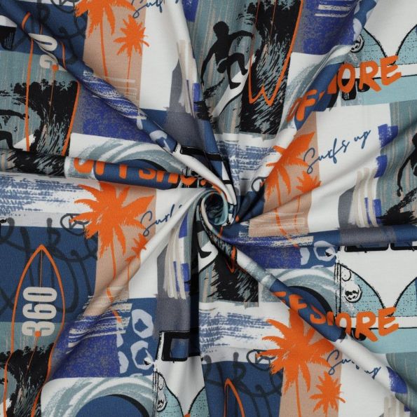 Tissu Jersey Coton imprimé digital Surf sur fond Blanc - Par 10 cm