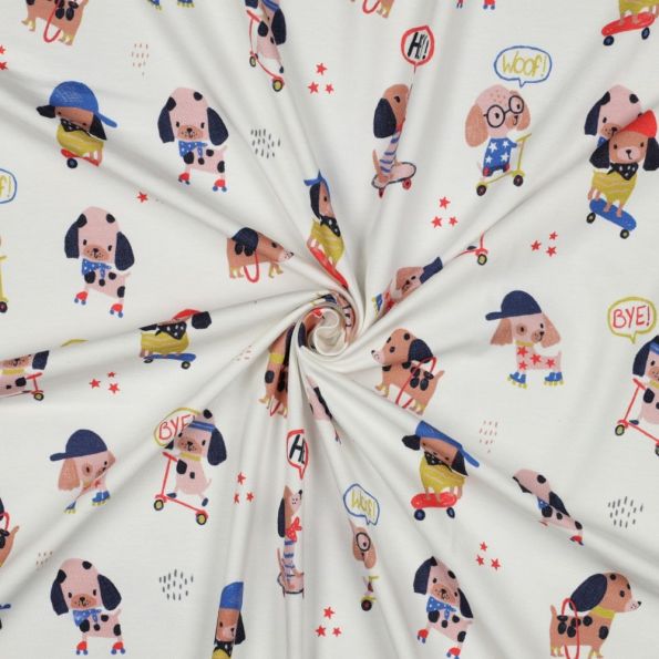 Tissu Jersey Coton imprimé digital Petits Chiens sur fond Ecru - Par 10 cm