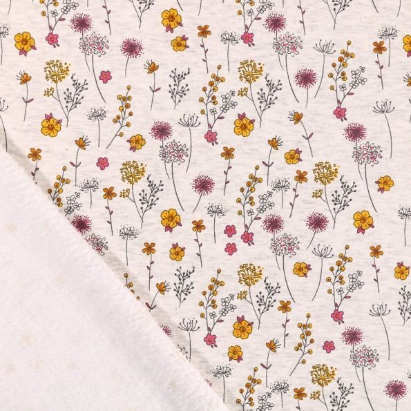 Tissu Sweat envers minky Petites fleurs oranges, roses et jaunes sur fond Ecru chiné - Par 10 cm