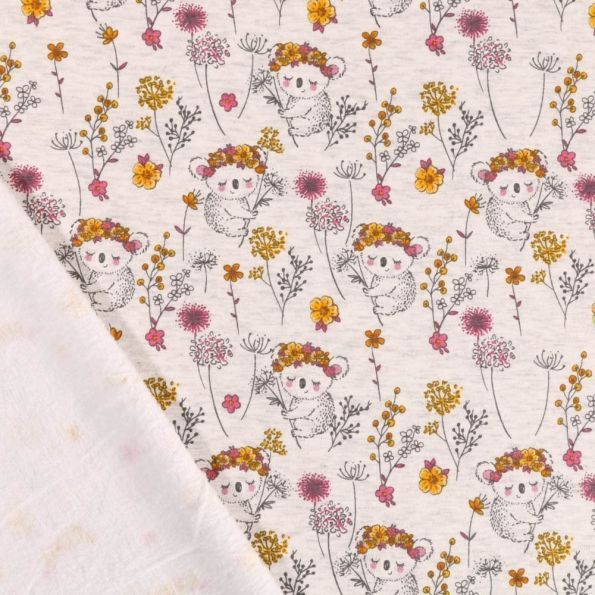 Tissu Sweat envers Minky Fleurs et Koalas Roses et jaunes sur fond Ecru chiné - Par 10 cm