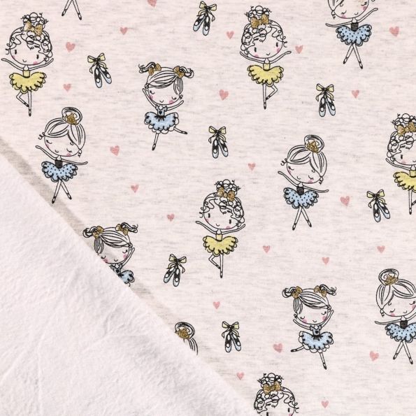 Tissu Sweat Pailleté envers minky Danseuses bleues, jaunes et dorées sur fond Ecru chiné - Par 10 cm