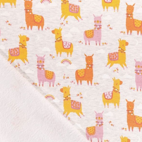Tissu Sweat envers minky Lamas oranges, roses et jaunes sur fond Ecru chiné - Par 10 cm