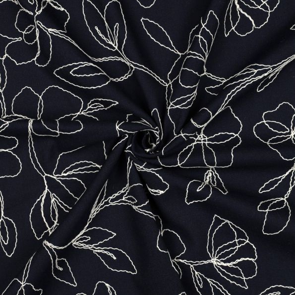 Tissu Lin Viscose Fines fleurs brodées sur fond Noir - Par 10 cm