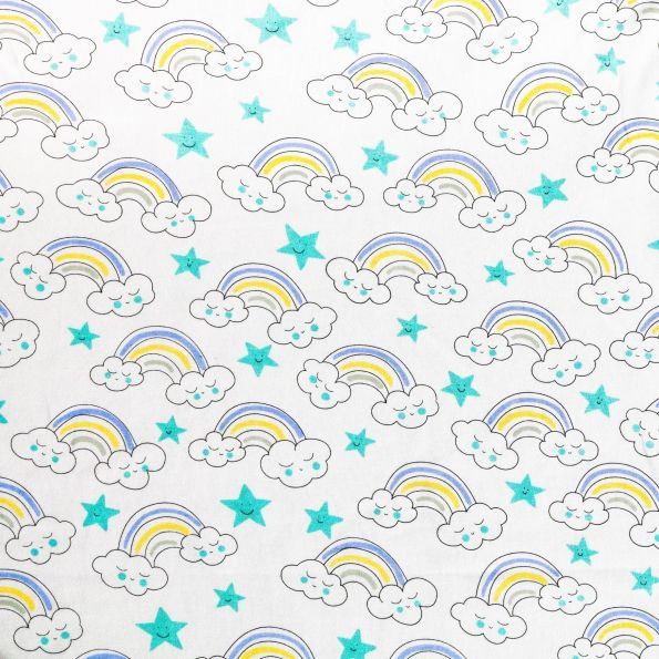 Tissu Jersey Magique Nuages et arc-en-ciels Noirs et bleus sur fond Blanc - Par 10 cm