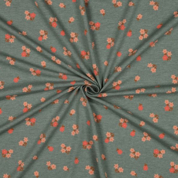 Tissu Jersey Polycoton imprimé Petites Fleurs sur fond Vert chiné - Par 10 cm