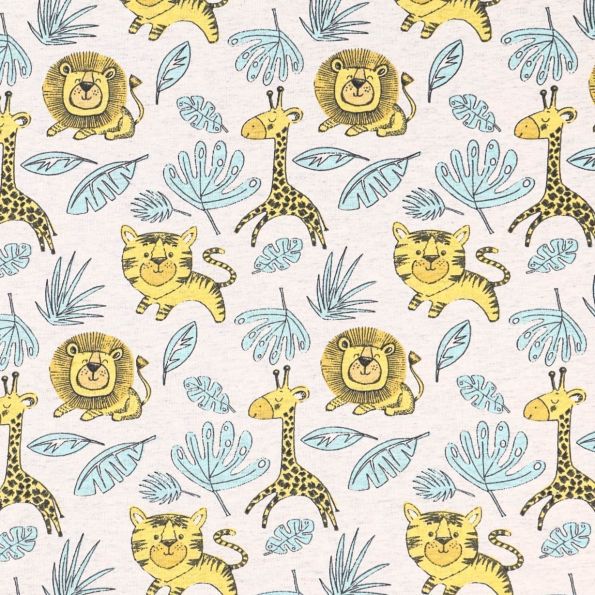 Tissu Jersey Coton Tigres, Lions, Girafes et feuilles de palmiers Jaunes, noirs et bleus sur fond Ecru chiné - Par 10 cm