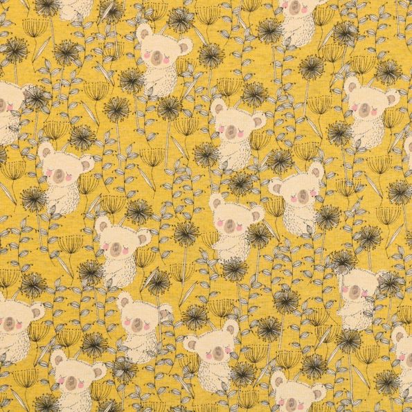 Tissu Jersey Coton Koalas et fleurs noirs et jaune clair sur fond Jaune moutarde - Par 10 cm