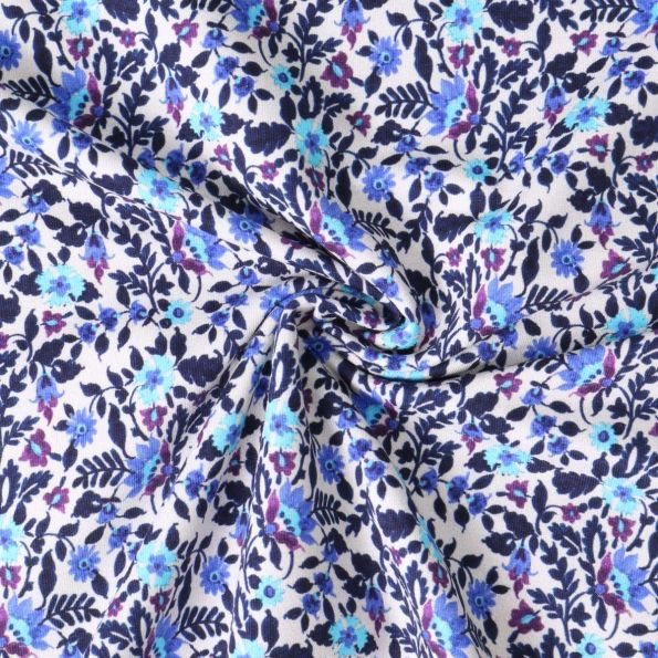 Tissu Sweat léger French Terry Lilia fleurs Bleues sur fond Blanc - Par 10 cm